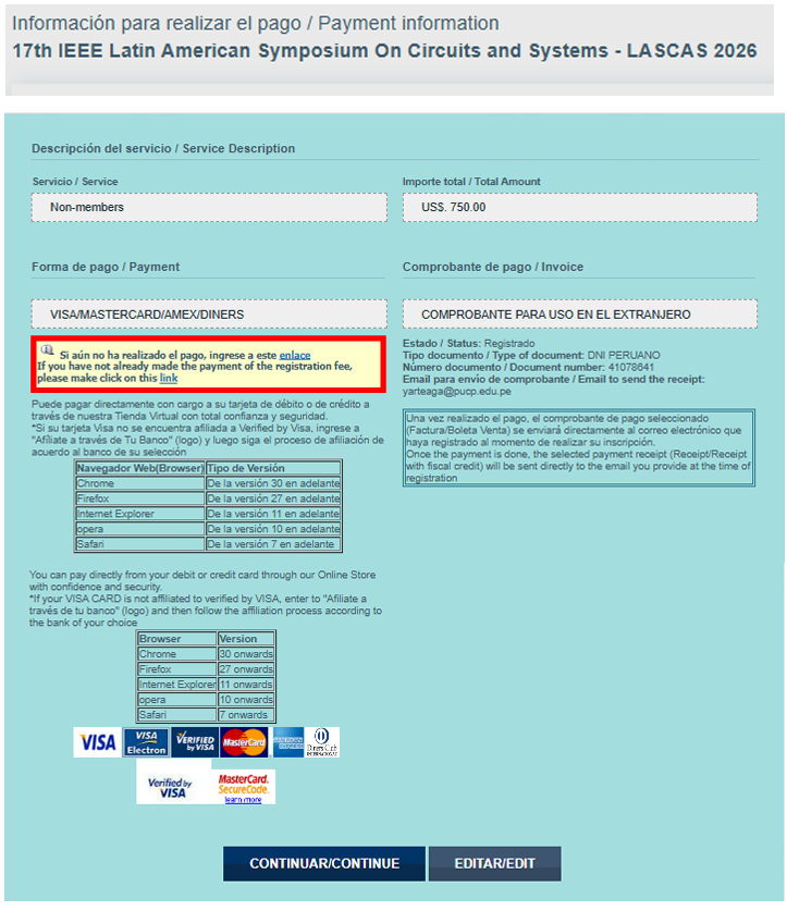 Example of registration payment page